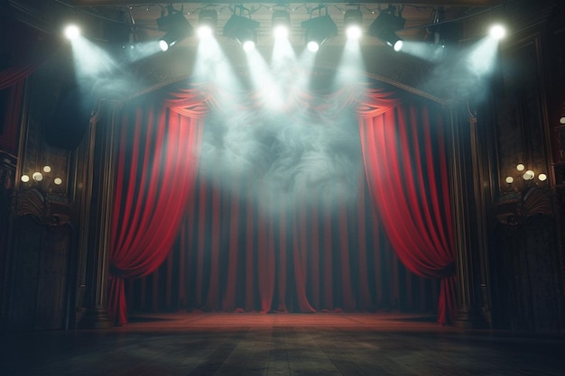 Theaterpodium met rode gordijnen en schijnwerpers Theatrale scène op de lichte achtergrond
