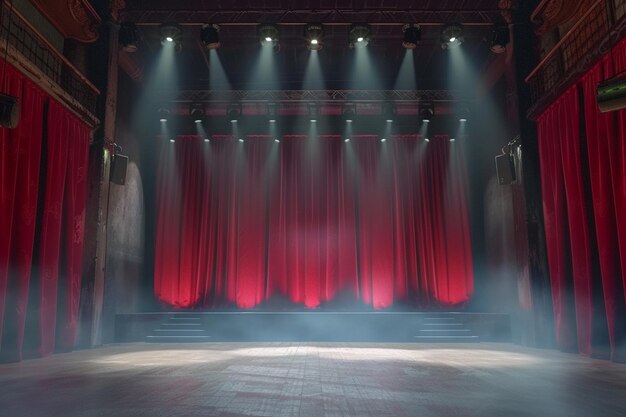 Foto theaterpodium met rode gordijnen en schijnwerpers theatrale scène op de lichte achtergrond