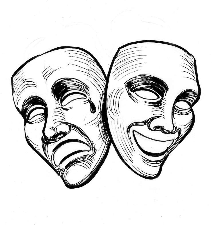 Foto theatrale maskers. inkt zwart-wit tekening