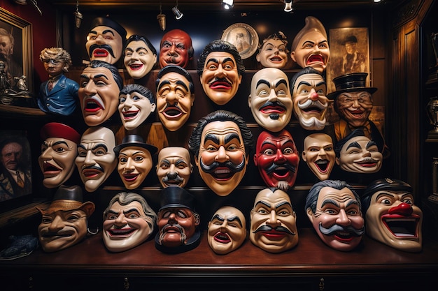 Theatrical masks that express different emotions are on the shelf