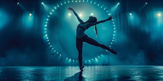 劇場公演 美しい 優しい 優雅な バレリーナ 暗い 青い 背景 に スポットライト で 踊る 芸術 の 概念 クラシック バレエ 創造性 振付 美しさ 広告