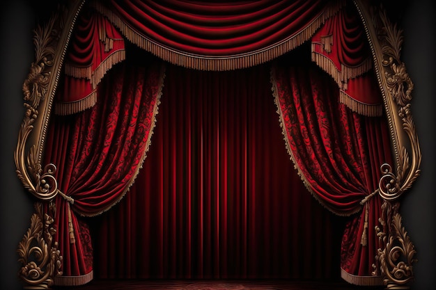 Theatrical stage with crimson velvet curtains that is empty