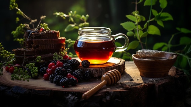 thee en fruit honing op een houten stomp