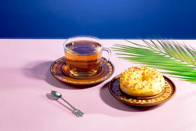 Thee in een kopje met dessert op een felgekleurde achtergrond