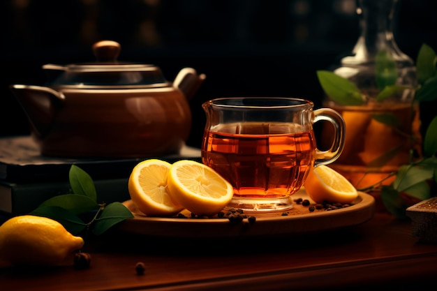 Thee met honing en citroen Een potje honing op tafel bij de thee