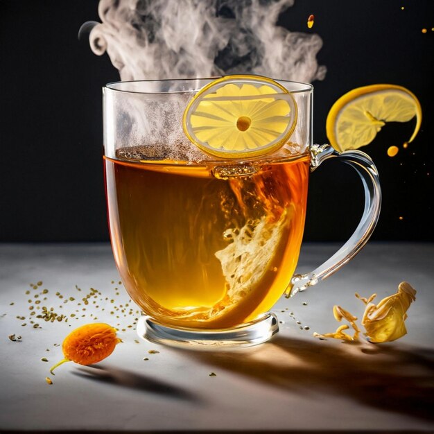 Theekop op glas met oranje achtergrond