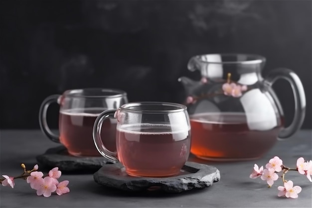 Theekopjes en theepot naast sakura bloemen Japanse thee AI gegenereerde inhoud