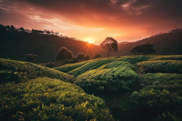 Theeplantage met zonsondergang die de heldere en veranderende kleuren van de lucht laat zien