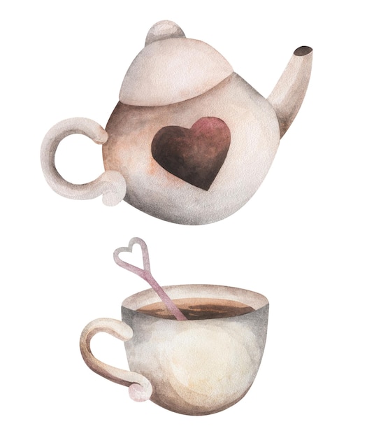 Theepot met een mok aquarellen op een witte achtergrond. Tekening van een theeservies.