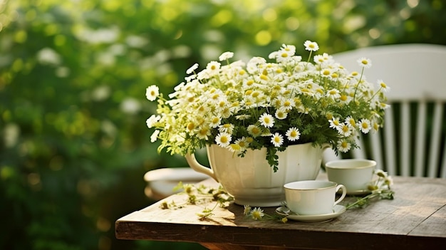 Theepot met witte madeliefjes op een houten tafel buiten