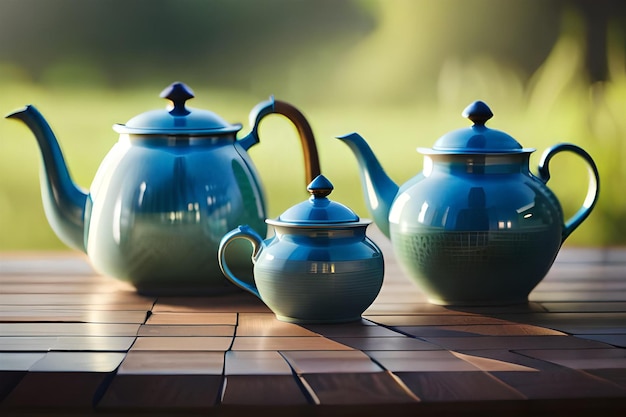 Foto theepotten op een houten tafel met het woord thee erop.