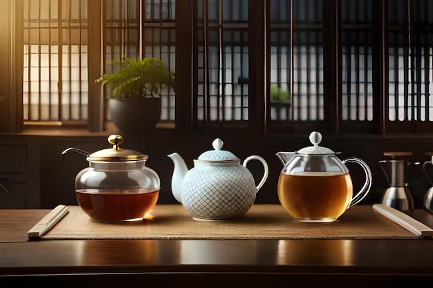 theepotten op een tafel met een pot thee