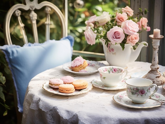 Theeservies met bitterkoekjes en rozen op een tafel in de tuin