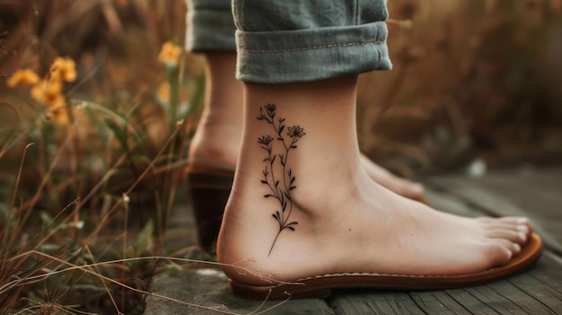 Their ankle is adorned with a dainty delicate flower tattoo adding a touch of femininity to their