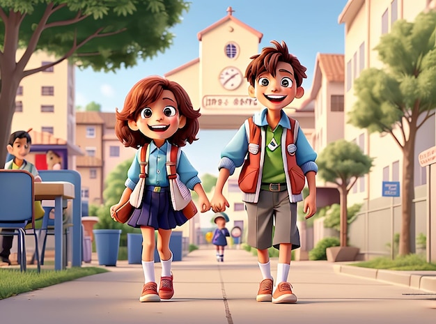 Their laughter echoed through the streets as the cute girl and boy strolled to school on a perfect