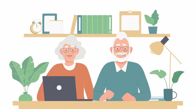 사진 노인 부부는 집에서 노트북을 사용하여 함께 재정을 관리 할 때 팀 작업과 재정적 책임이 분명합니다. 노인 부부가 예산과 청구서를 관리 할 때 행복하고 미소 짓고 있습니다.
