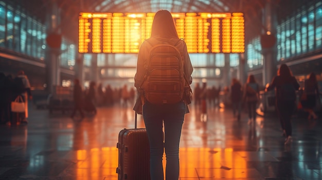 Thema reizen openbaar vervoer jonge vrouw die met rug achter met rugzak staat