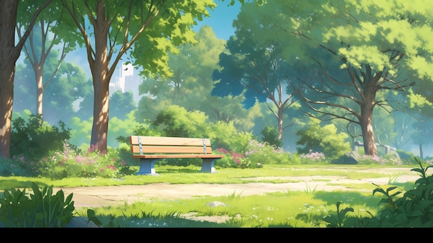 theme park cartoon scene background wooden bench with green tree on sunny day generative AI