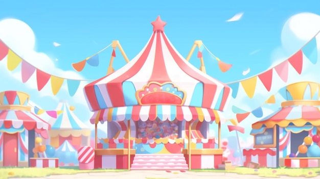 theme park cartoon scene colorful pavilion with colorful bunting flag on sunny day generative AI