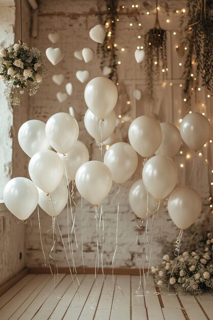 a theme with white balloons and floating hearts