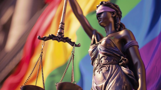 Themis Justitia versus LGBT regenboogvlag Sociale rechtvaardigheid en gelijkheid