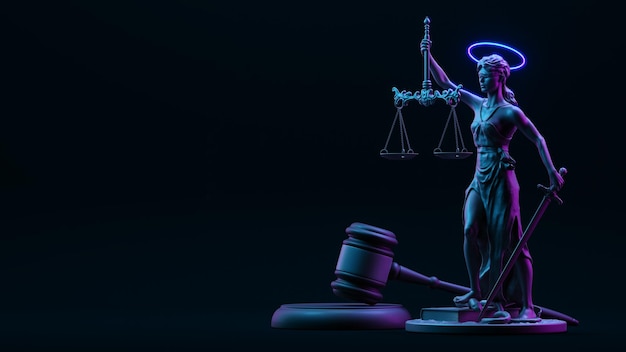 Foto themis standbeeld justitie wet advocaat bedrijfsconcept in neonlicht