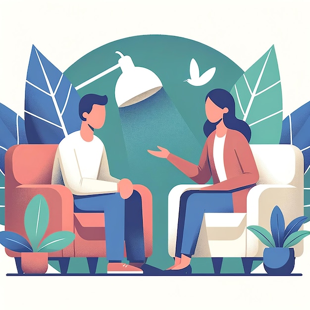 Photo therapist amp client dialogue calming therapy session in flat illustration