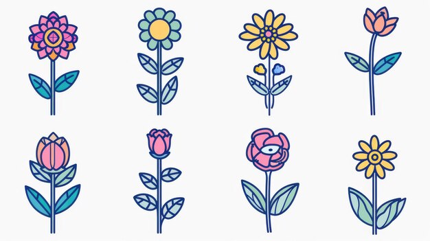 Photo there are 10 flowers flat line icons in this set there are chamomile sunflower rose lotus carnation dandelion violet blossoms the icons are pixel perfect and can be edited