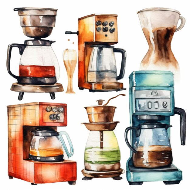 写真 水彩で描かれたコーヒーマシンがたくさんあります