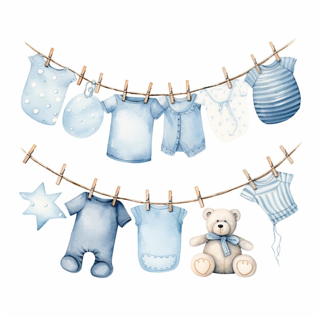 Photo there are baby clothes hanging on a clothes line with a teddy bear generative ai