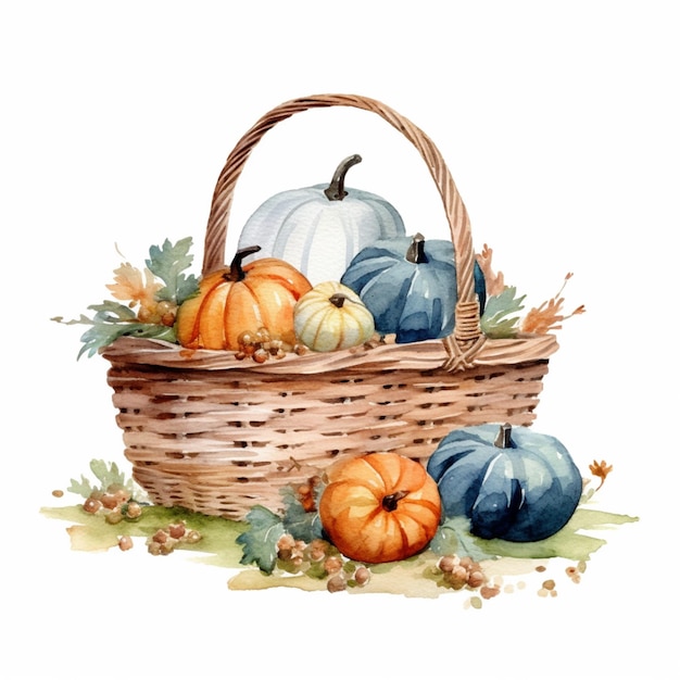 There are a basket of pumpkins and other fall decorations generative ai