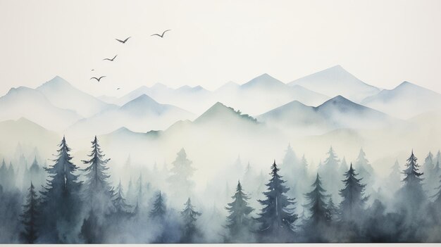 there are birds flying over a mountain range with trees generative ai