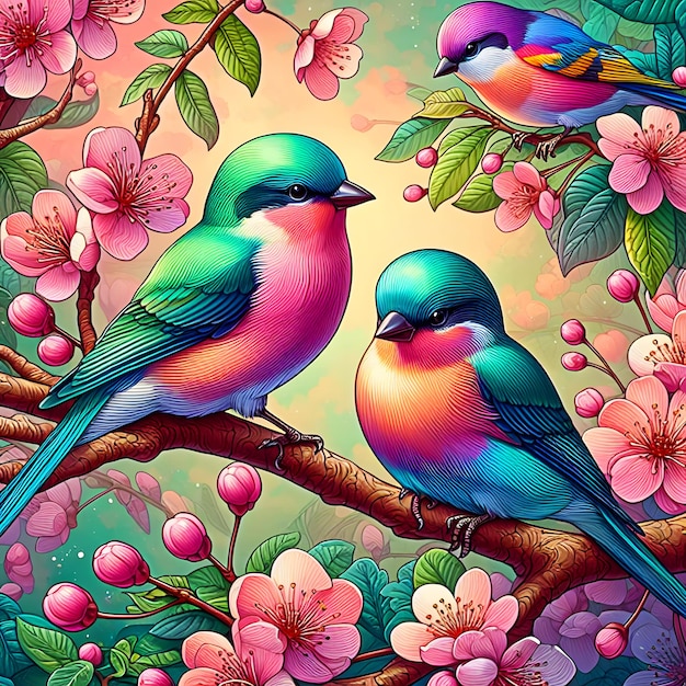 There Are Birds Sitting On a Branch Tropical Birds Painting Style Background