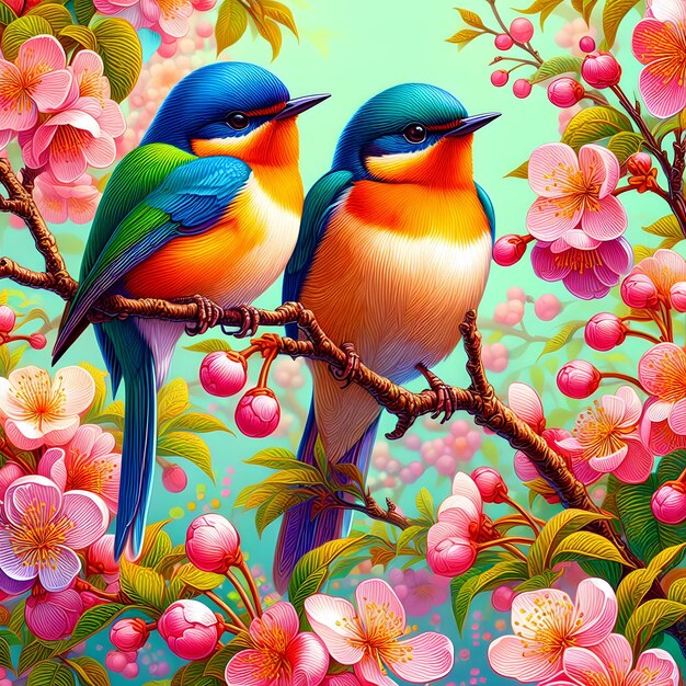 There Are Birds Sitting On a Branch Tropical Birds Painting Style Background