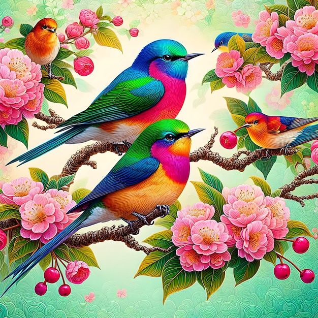 There Are Birds Sitting On a Branch Tropical Birds Painting Style Background