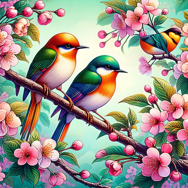 There Are Birds Sitting On a Branch Tropical Birds Painting Style Background