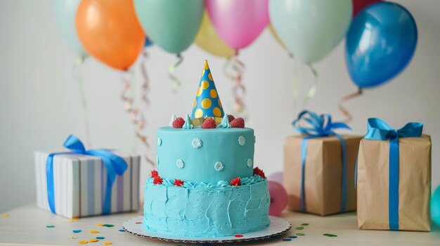 파란색 생일 케이크, 선물 모자와 다채로운 풍선이 밝은 회색 배경에 배치되어 있습니다.