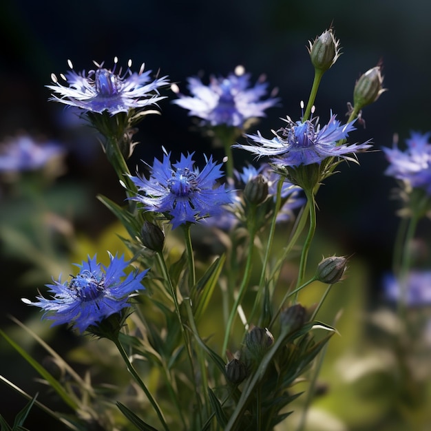 there are blue flowers in a vase on the table generative ai