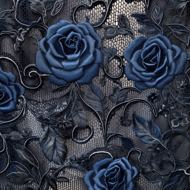 There are blue roses on a black lace background generative ai