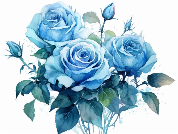 There are blue roses in a vase with watercolor paint generative ai