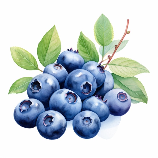 there are blueberries with leaves on a white surface generative ai