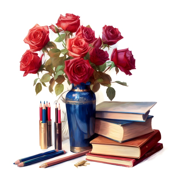 There are books and pencil decorated with roses