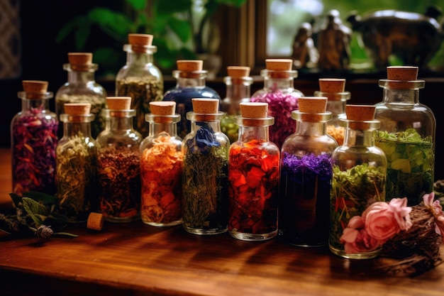 There are bottles of tinctures or infusions created from useful medicinal herbs and plants on a wood