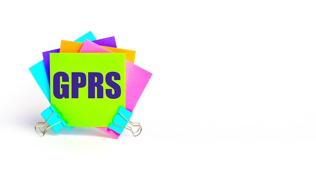 There are bright multicolored stickers with the text GPRS General Packet Radio Service Copy space