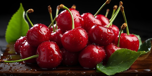 There are a bunch of cherries on a wooden board generative ai