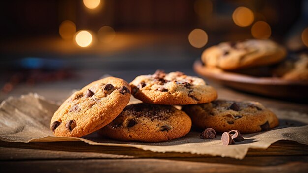 There are a bunch of cookies on a table with a plate of chocolate chips generative ai