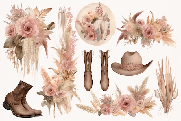 there are a bunch of flowers and hats on a white background generative ai