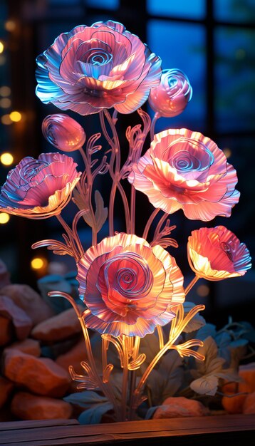 Photo there are a bunch of flowers that are lit up in the dark generative ai