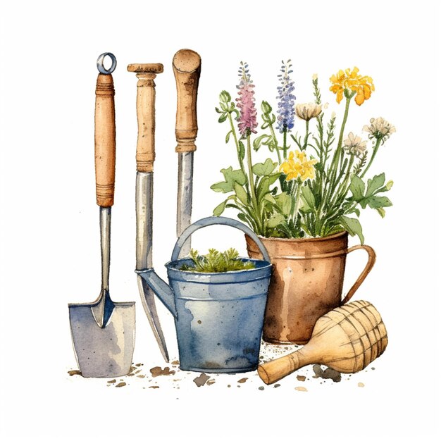 Photo there are a bunch of gardening tools and flowers in the pot generative ai
