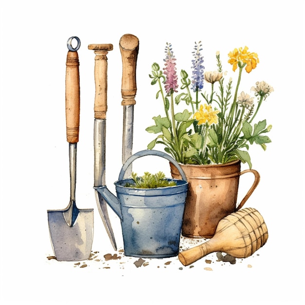 there are a bunch of gardening tools and flowers in the pot generative ai
